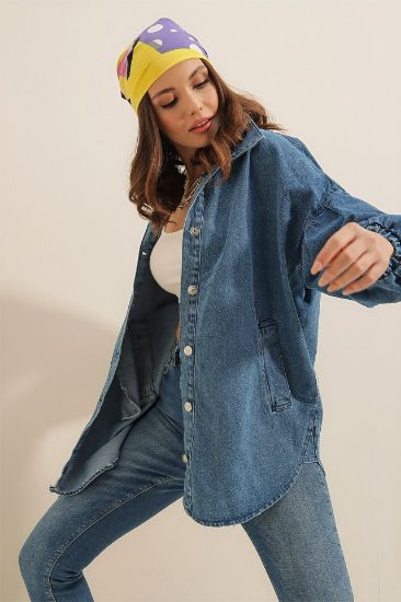 0662 Denim Balon Kollu Kot Ceket - Mavi resmi